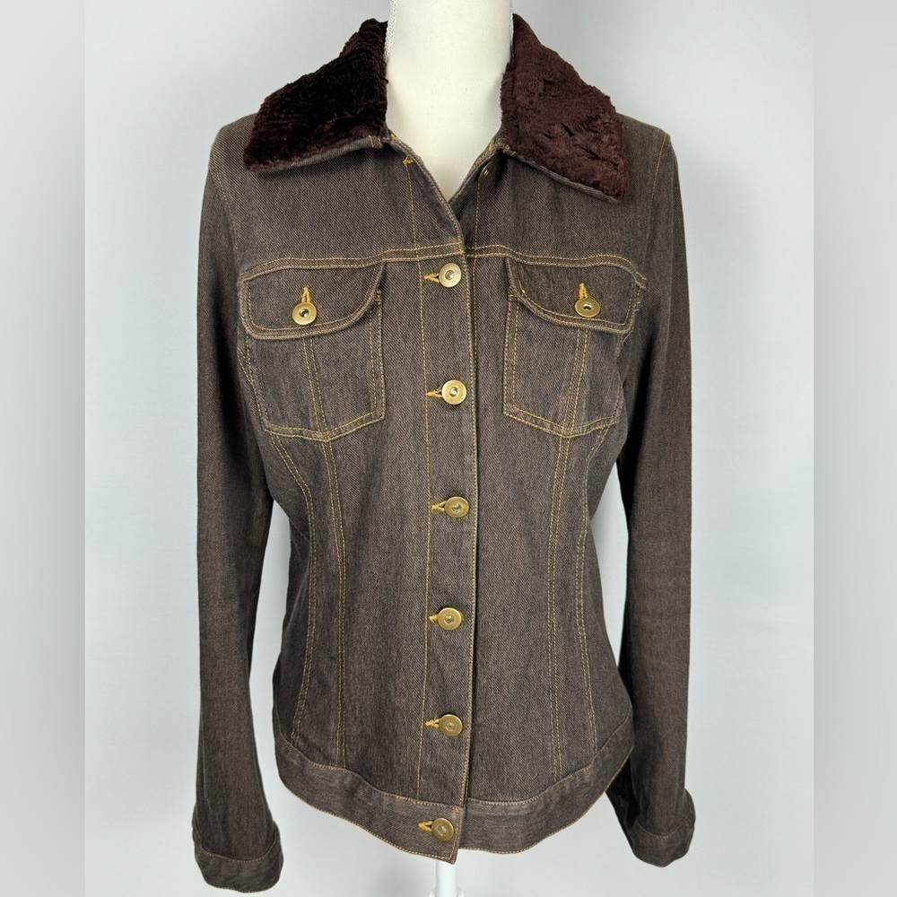 Vintage Brown Denim Jacket Button Up Stretch Faux Fur Collar Large 70s Style